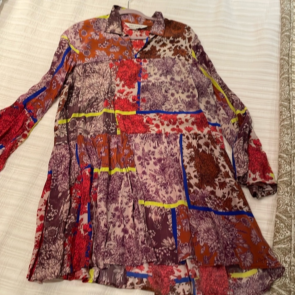 Dhruv Kapoor Arabella Patchwork Tunic Mini Dress Size M Boho Flowy Eclectic Red